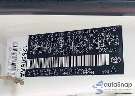 2012 Toyota Prius C Three from USA, damaged, VIN JTDKDTB39C1019909